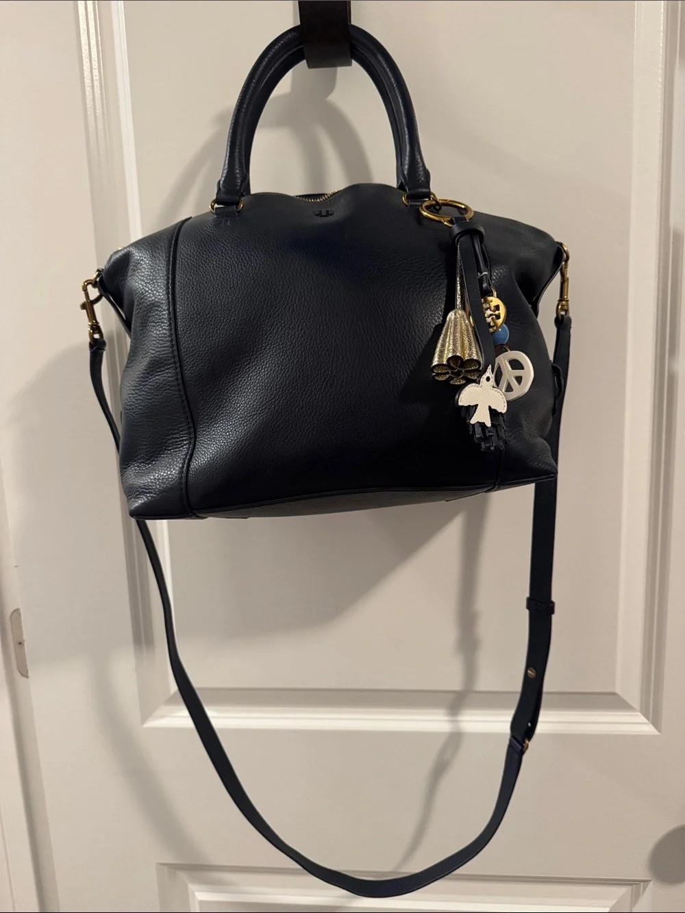 Tory Burch Navy Leather Satchel with Gold Tassel Charm